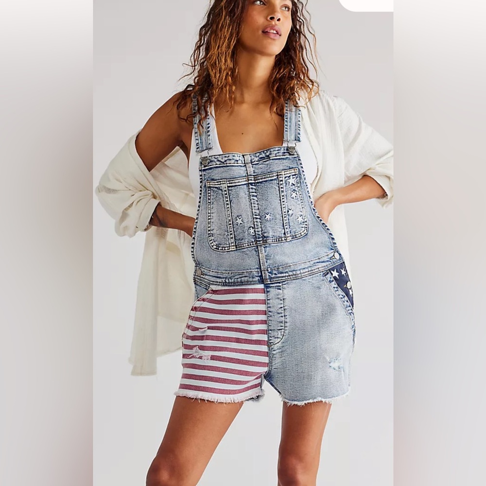 DRIFTWOOD Denim Short Overalls with Flag Patchwork - Blue, Red, White